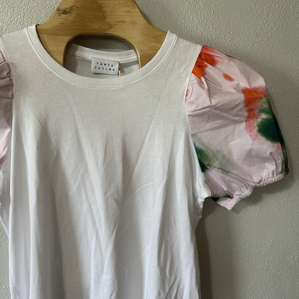 NEW Tanya Taylor Simone Top‎ Size Large White Watercolor Puff Short Sleeve - Picture 2 of 6